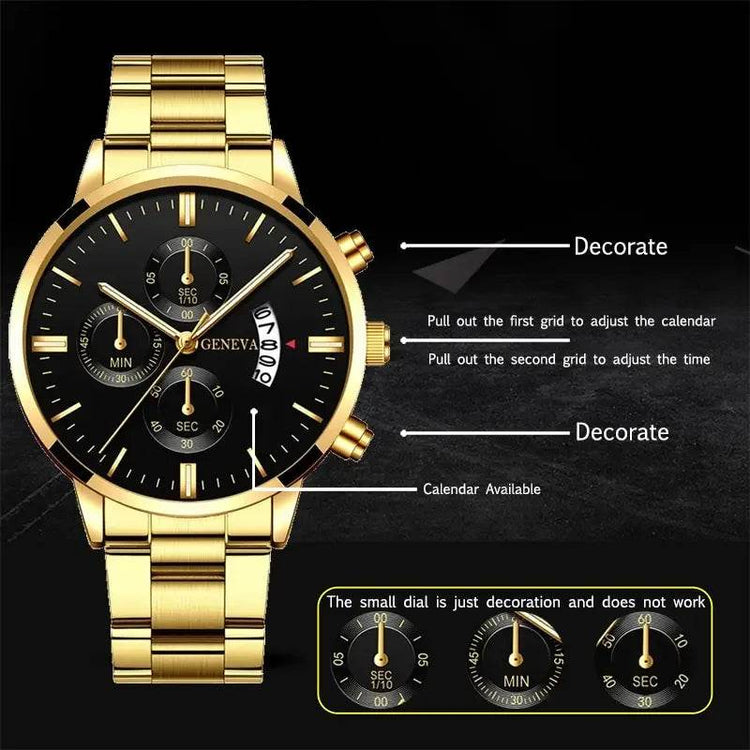 2023 Fashion Men Gold Stainless Steel Watch Luxury Calendar Quartz - Miraelia jewelry&Accessories