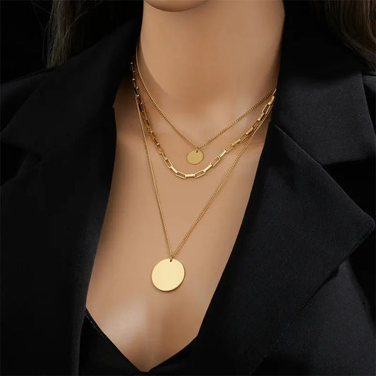 DIEYURO 316L Stainless Steel Gold Color 3in1 Round Pendant Necklace - Miraelia jewelry&Accessories