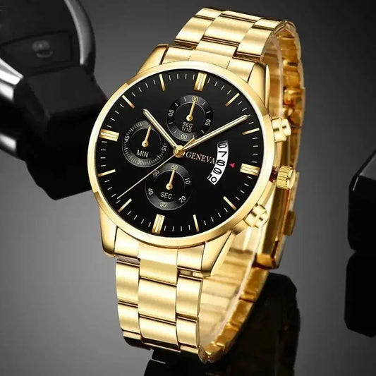 2023 Fashion Men Gold Stainless Steel Watch Luxury Calendar Quartz - Miraelia jewelry&Accessories