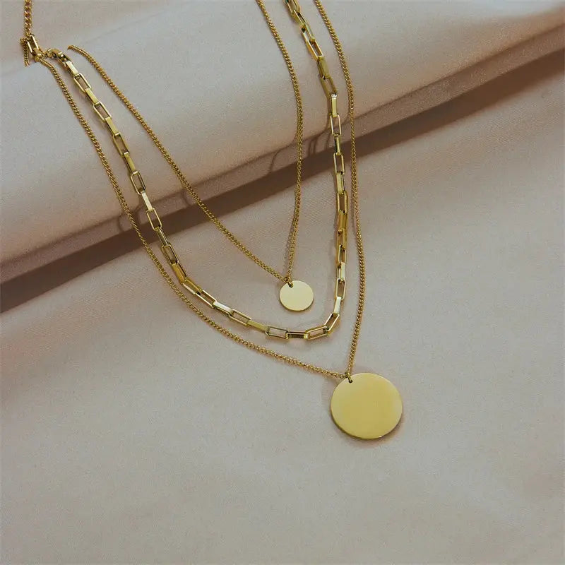 DIEYURO 316L Stainless Steel Gold Color 3in1 Round Pendant Necklace - Miraelia jewelry&Accessories