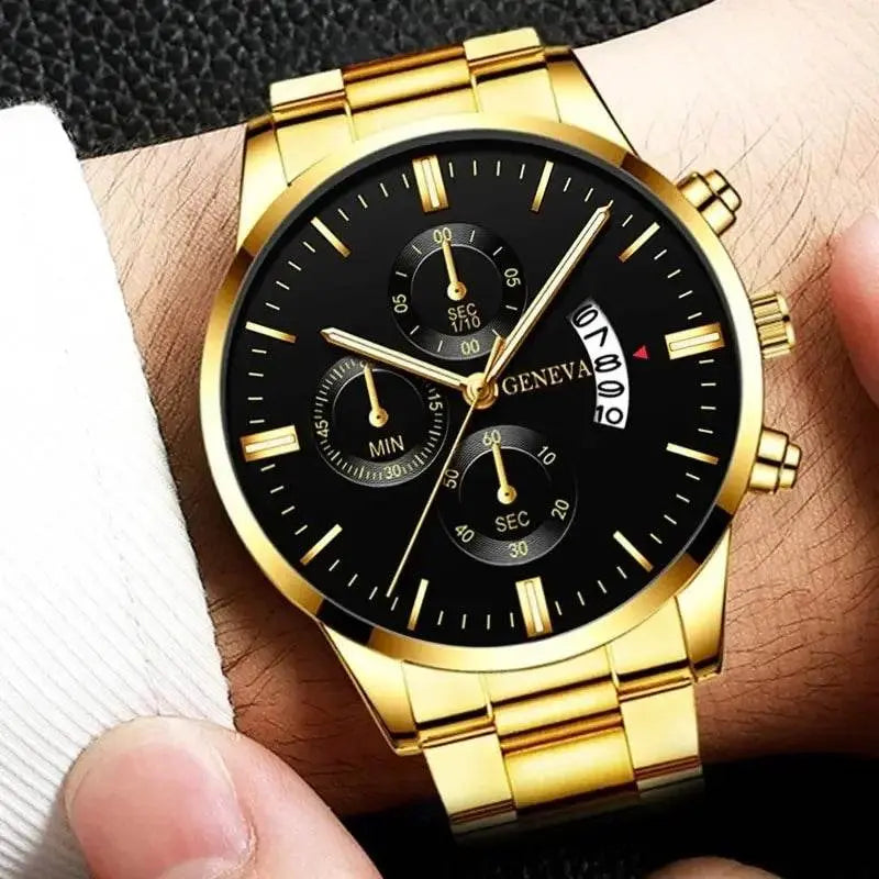 2023 Fashion Men Gold Stainless Steel Watch Luxury Calendar Quartz - Miraelia jewelry&Accessories