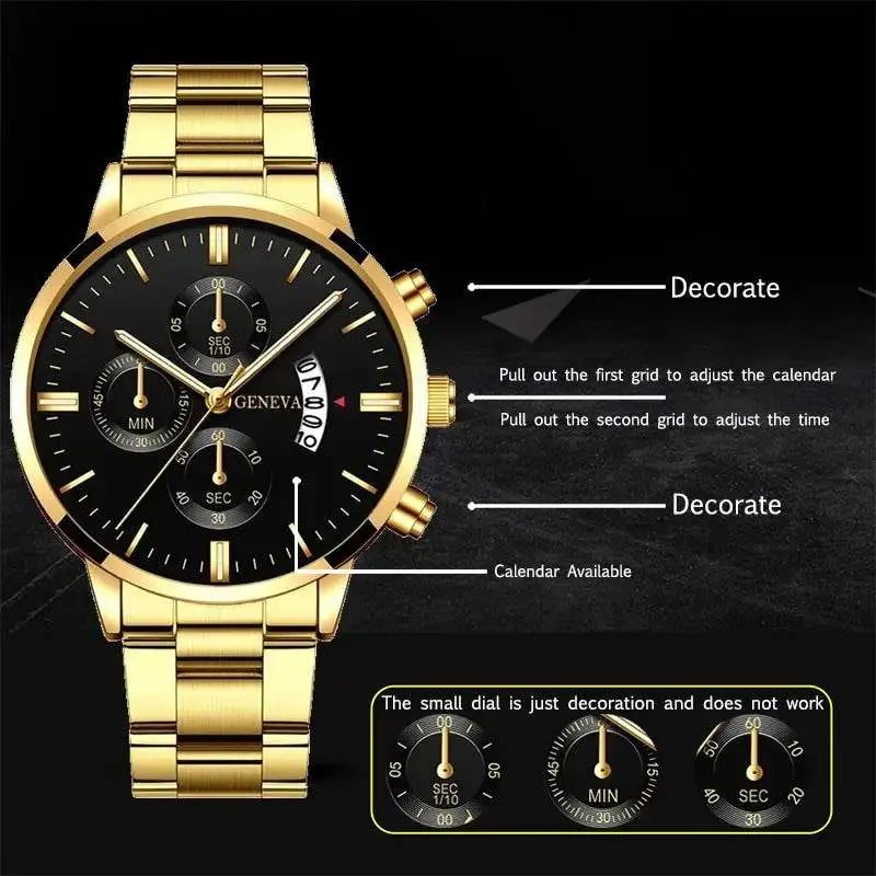 2023 Fashion Men Gold Stainless Steel Watch Luxury Calendar Quartz - Miraelia jewelry&Accessories