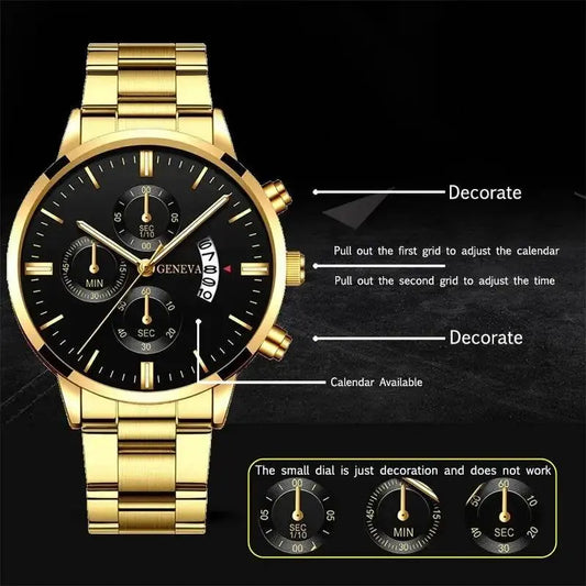 2023 Fashion Men Gold Stainless Steel Watch Luxury Calendar Quartz - Miraelia jewelry&Accessories