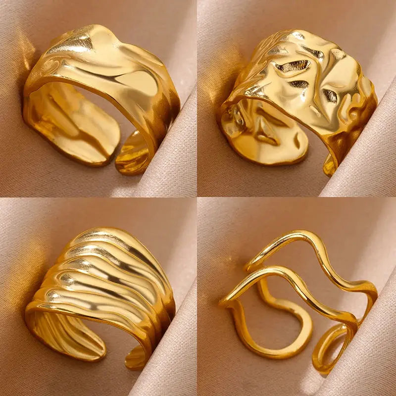 Irregular geometric gold ring showcasing chunky adjustable designs in four unique styles, perfect for bold fashion.