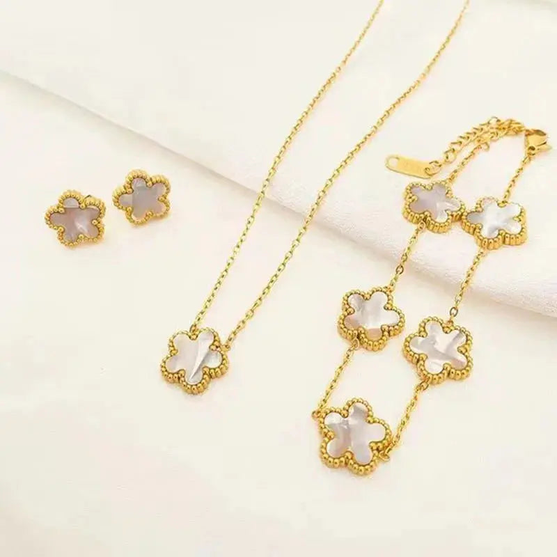 3-Piece Stainless Steel Plum Blossom Five Leaf Necklace Set - Miraelia jewelry&Accessories