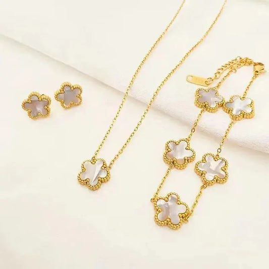 3-Piece Stainless Steel Plum Blossom Five Leaf Necklace Set - Miraelia jewelry&Accessories