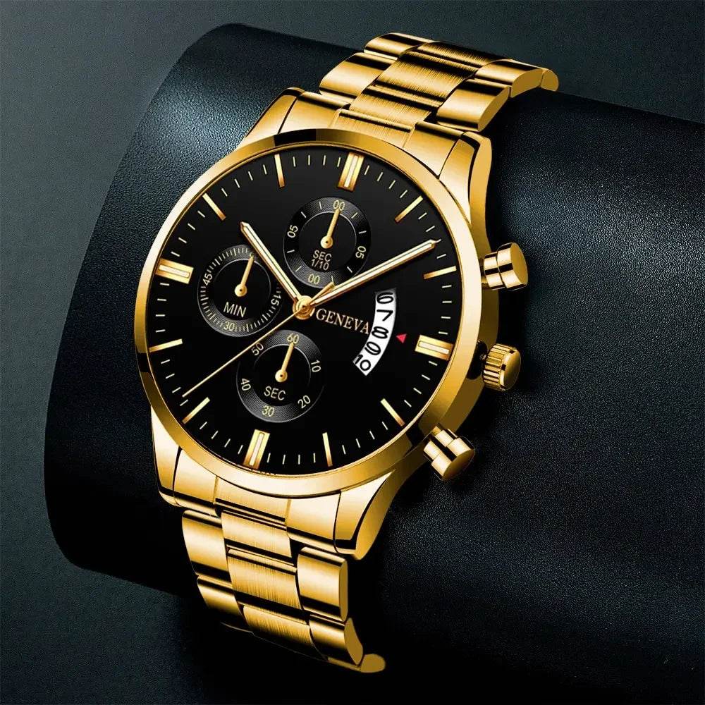 2023 Fashion Men Gold Stainless Steel Watch Luxury Calendar Quartz - Miraelia jewelry&Accessories
