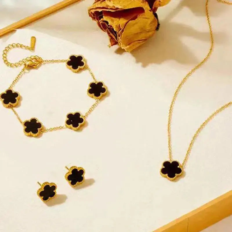 3-Piece Stainless Steel Plum Blossom Five Leaf Necklace Set - Miraelia jewelry&Accessories