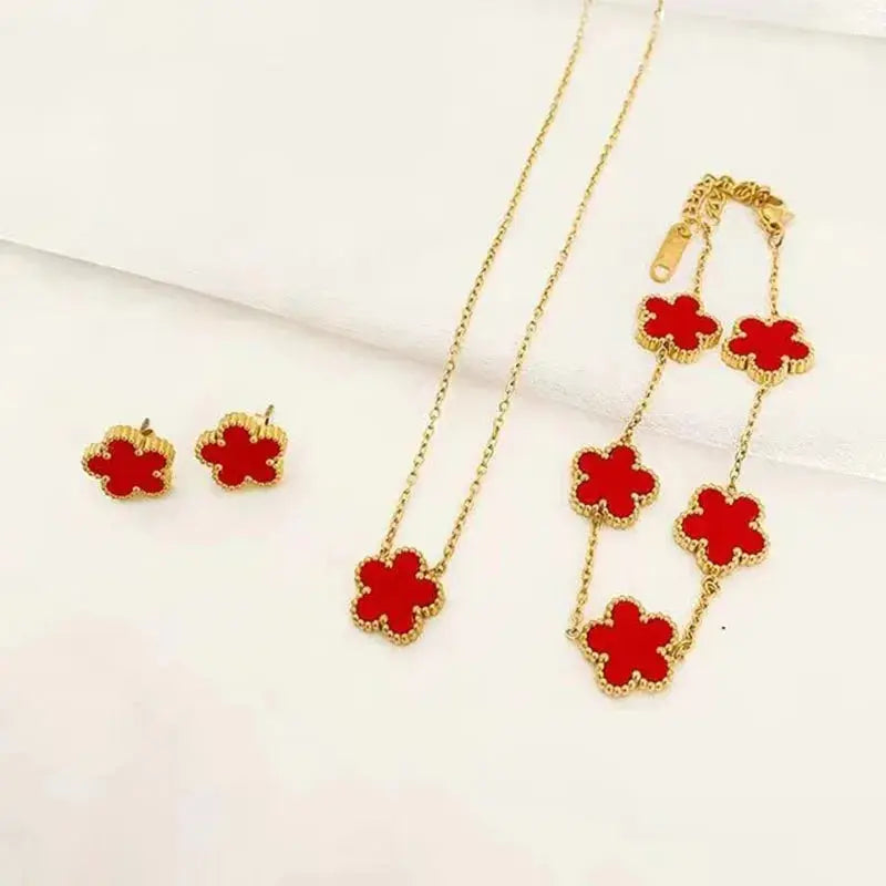 3-Piece Stainless Steel Plum Blossom Five Leaf Necklace Set - Miraelia jewelry&Accessories