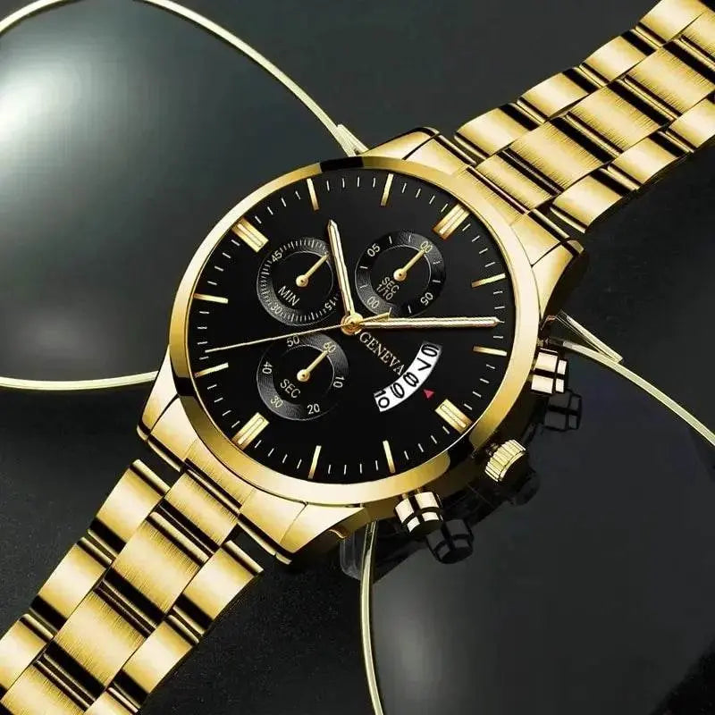 2023 Fashion Men Gold Stainless Steel Watch Luxury Calendar Quartz - Miraelia jewelry&Accessories