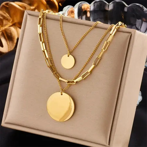 DIEYURO 316L Stainless Steel Gold Color 3in1 Round Pendant Necklace - Miraelia jewelry&Accessories