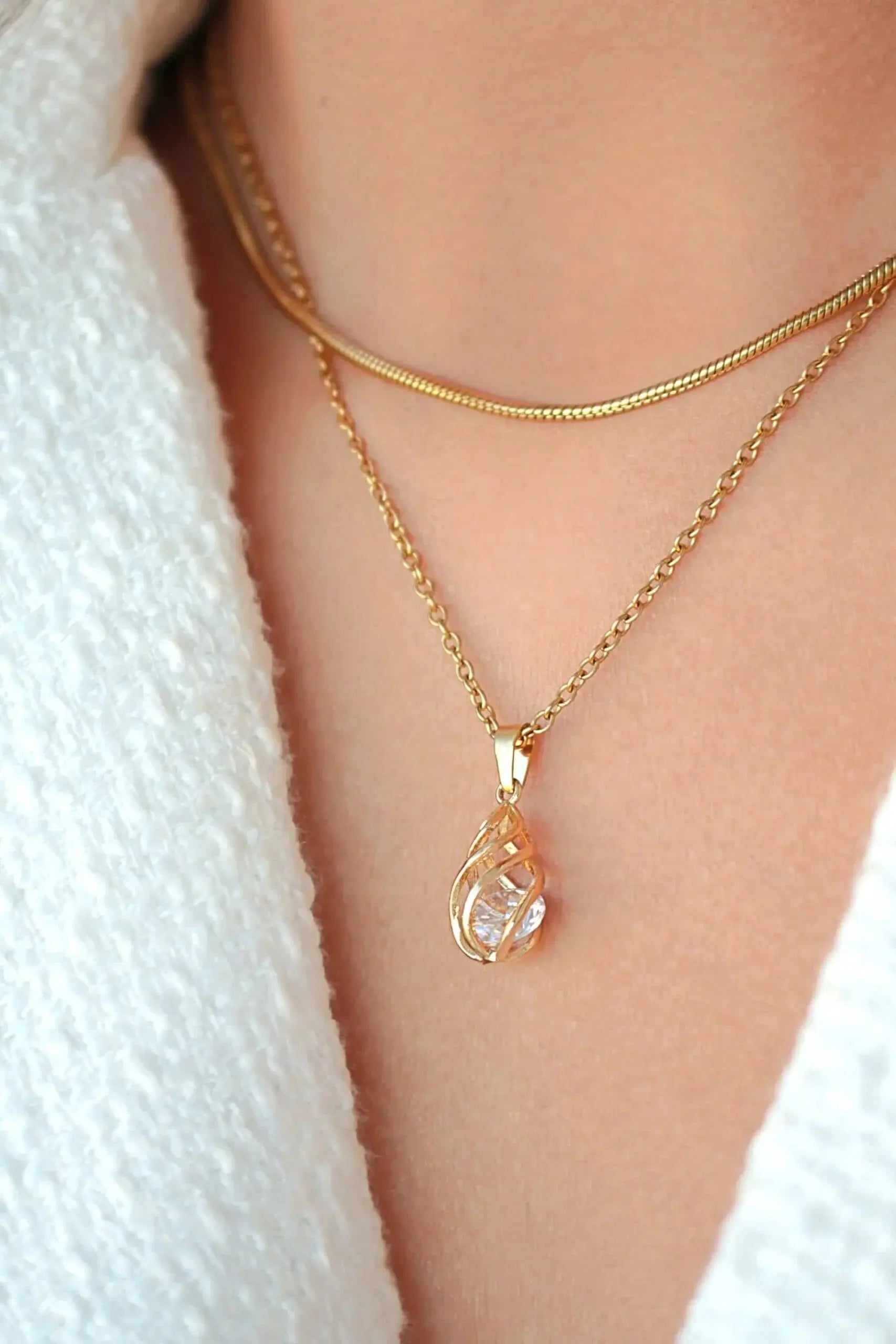 24K Gold Plated Tear Drop Cage Necklace - Cubic Zirconia | Hypoallergenic - Miraelia jewelry&Accessories