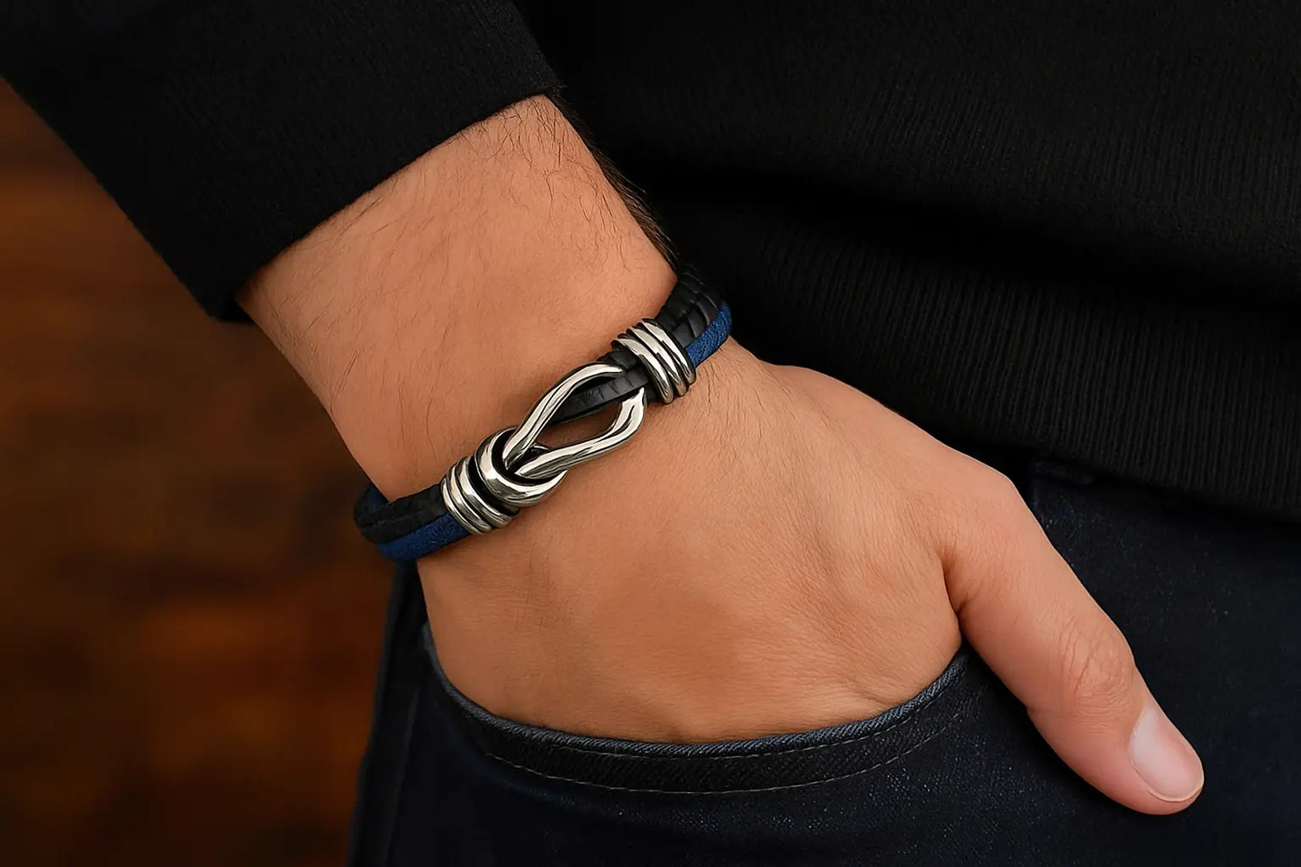 Geometric Stainless Steel Men's Leather Bracelet Hand-woven Magnetic - Miraelia jewelry&Accessories