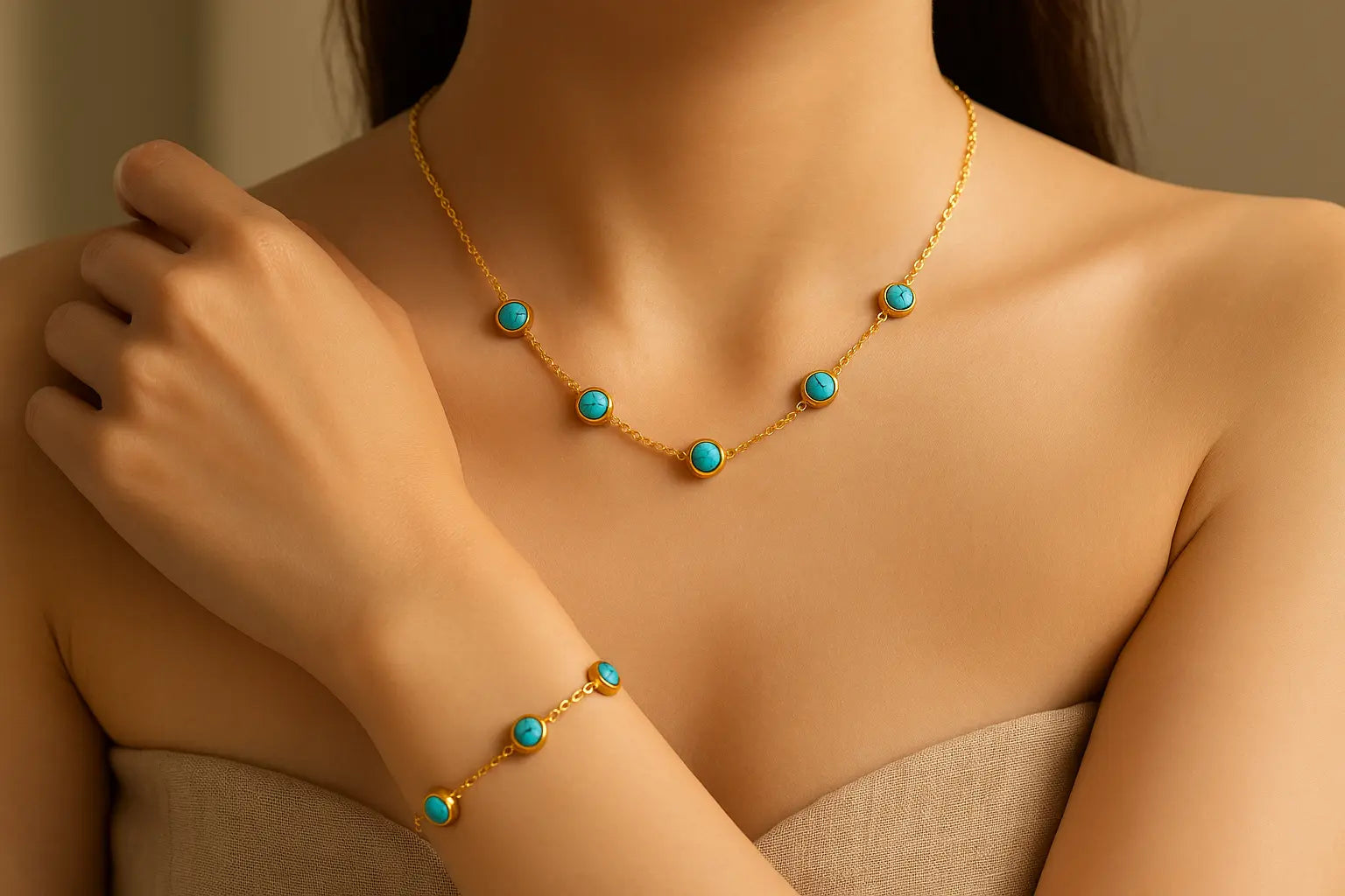 316L Stainless Steel Round Turquoise Necklace & Bracelet Set - Miraelia jewelry&Accessories