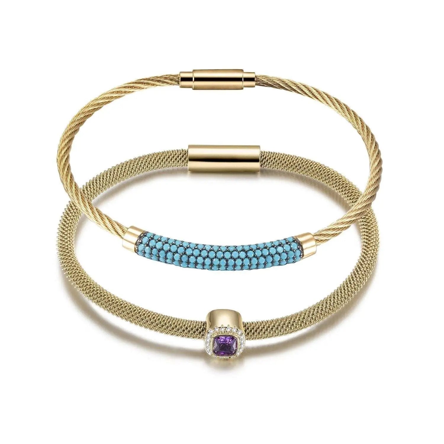 Miraelia vintage stainless steel jewelry set with gold-tone mesh bracelets and blue and purple gemstone accents