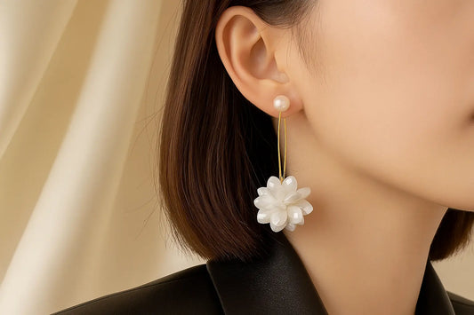 Exaggerated White Flower Drop Earrings Elegant Imitation Pearl Dangle - Miraelia jewelry&Accessories